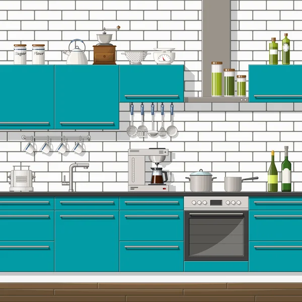 Ilustración del equipamiento interior de una cocina moderna — Vector de stock