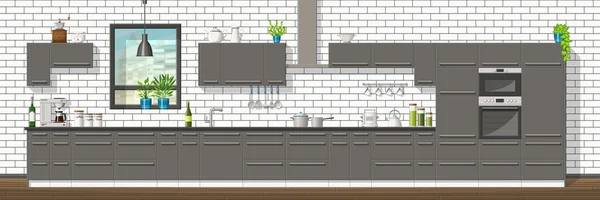 Ілюстрація внутрішнього обладнання сучасної кухні, панорама — стоковий вектор