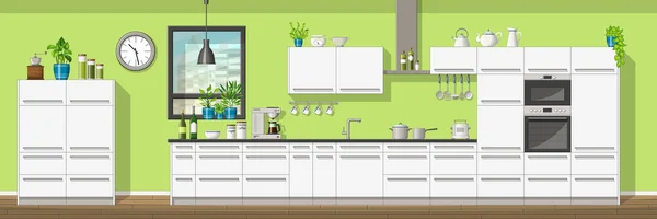 Ilustración de equipamiento interior de una cocina moderna, panorama — Vector de stock