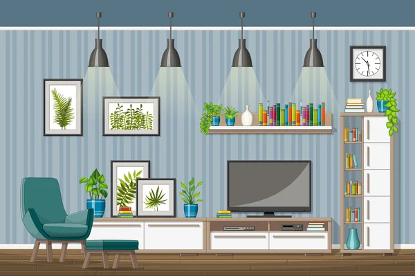 Ilustración del equipamiento interior de una moderna sala de estar — Vector de stock