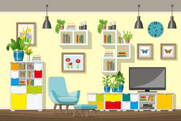 Ilustración del equipamiento interior de una moderna sala de estar — Vector de stock