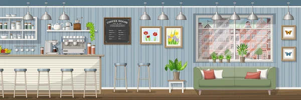 Ilustrasi sebuah kedai kopi klasik, panorama - Stok Vektor