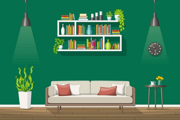 Ilustración del equipamiento interior de una moderna sala de estar — Vector de stock