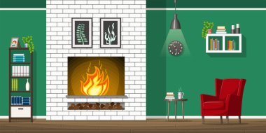 Yangın yeri ile bir oturma odası iç ekipman illüstrasyon