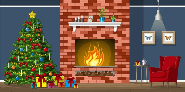 Ilustración de equipamiento interior de una sala de estar con árbol de Navidad — Vector de stock
