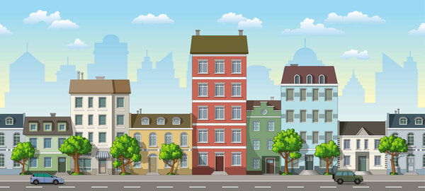 Seamless cityscape cartoon background with cars