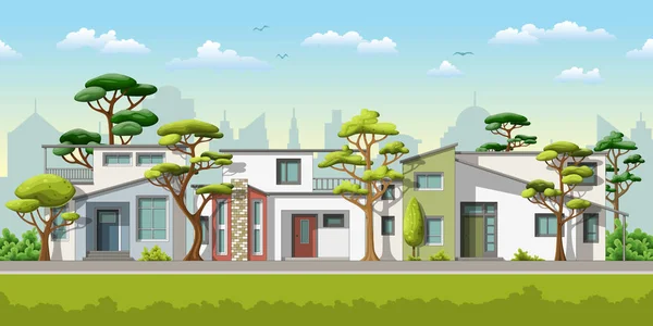 Illustration de trois maisons familiales modernes avec arbres — Image vectorielle