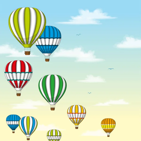 Ilustración de algunos globos de aire caliente frente al cielo pastel — Vector de stock