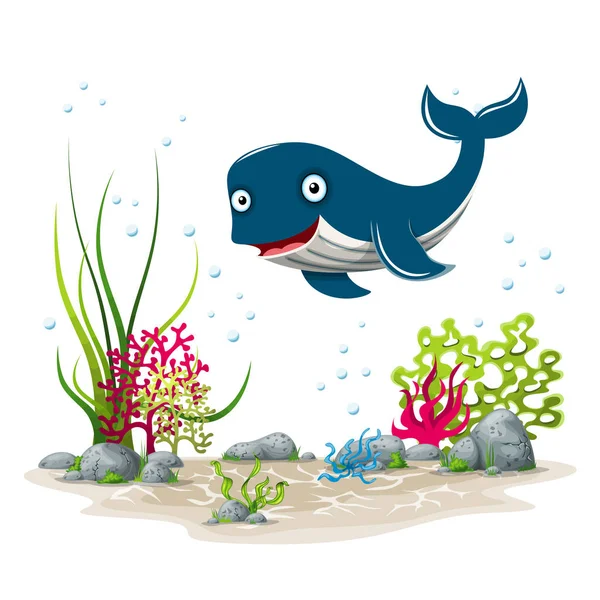 Ілюстрація підводного пейзажу з китом і рослинами — стоковий вектор