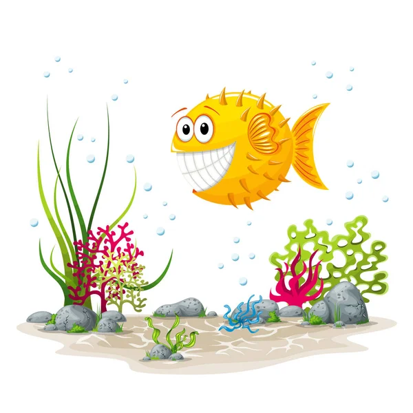 Ilustrace podvodn krajina s rybami a rostlinami — Stockový vektor