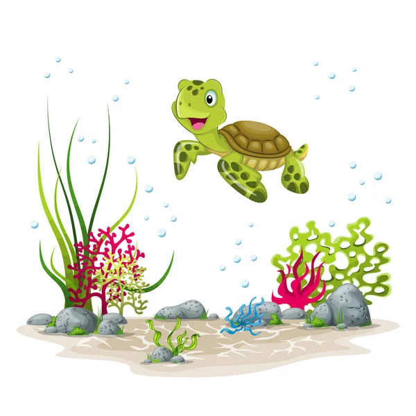 Illustratie van een onderwater landschap met schildpad en planten — Stockvector