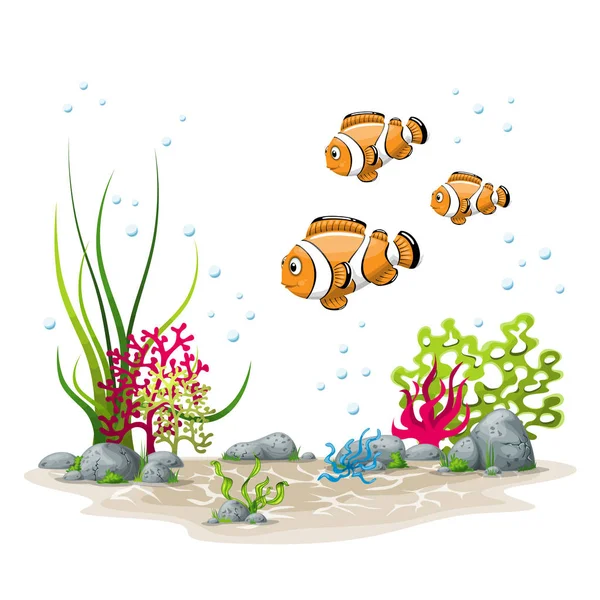 Illustrazione di un paesaggio sottomarino con pesci e piante — Vettoriale Stock