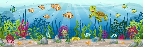 Illustration of an underwater landscape with animals and plants