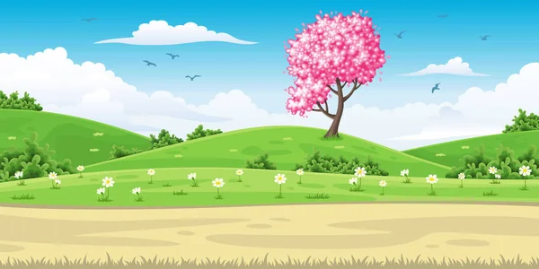 Illustration einer Frühlingslandschaft mit Baum — Stockvektor