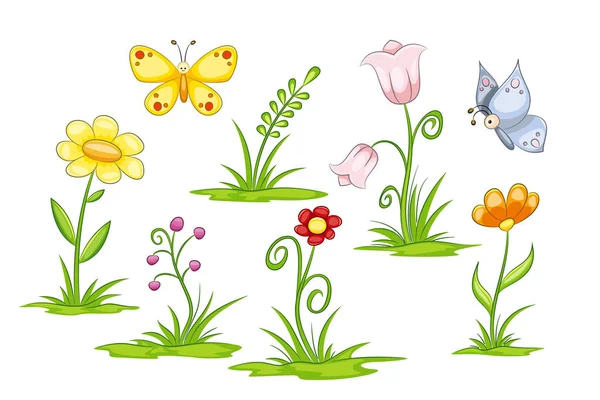Set van verschillende bloemen en vlinders — Stockvector