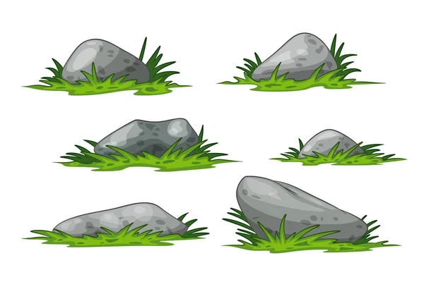 Set verschiedener Cartoon-Steine mit Gras — Stockvektor