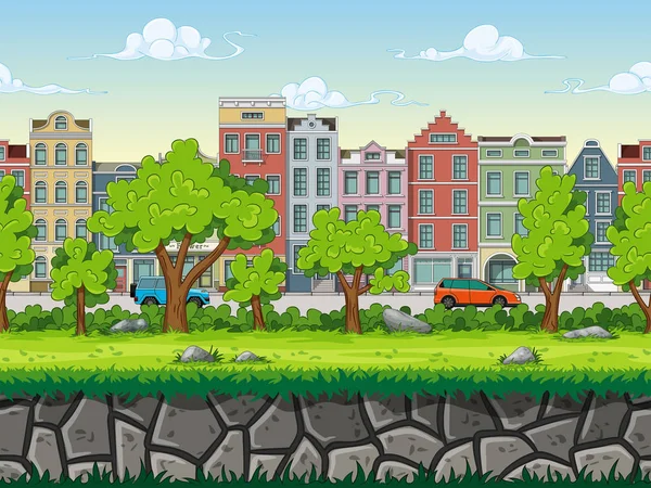 Fondo de paisaje urbano de dibujos animados sin costuras. Ilustración del vector con — Vector de stock