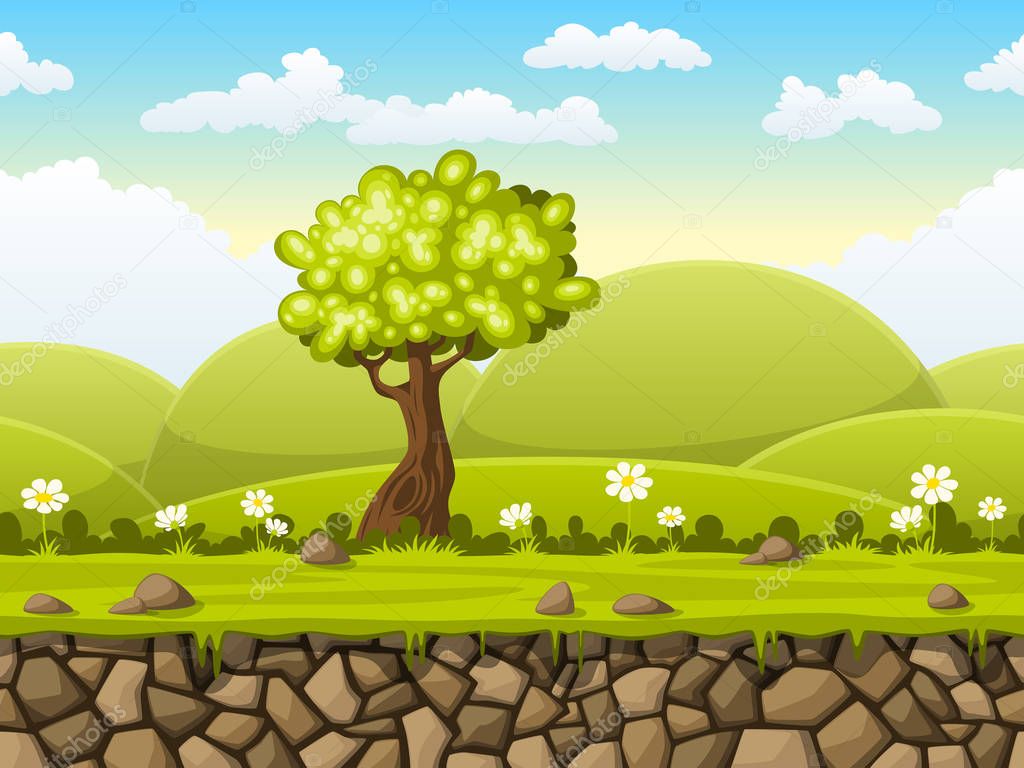 Seamless cartoon nature background. Vector illustration with sep