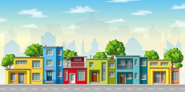 Ağaçları ile renkli modern aile ev çizimi