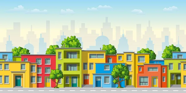 Illustrazione di colorata casa di famiglia moderna con alberi, seamles — Vettoriale Stock
