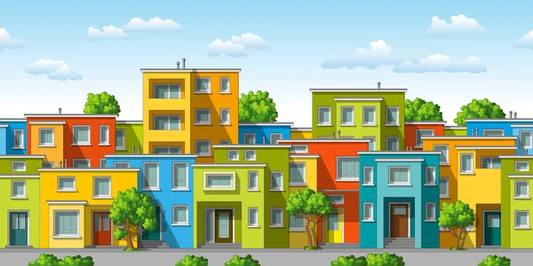 Ilustración de colorida casa familiar moderna con árboles, costuras — Vector de stock