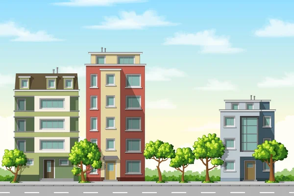 Illustration de maisons familiales modernes colorées avec des arbres — Image vectorielle