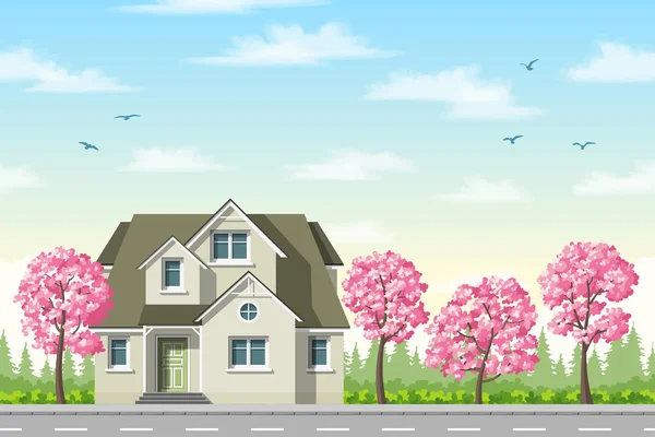 Maison classique avec arbres à fleurs — Image vectorielle
