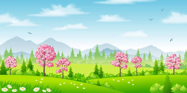 Paisaje primaveral con árboles en flor — Vector de stock