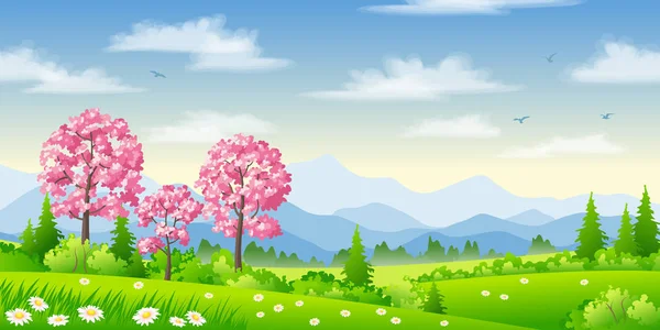 Frühlingslandschaft mit blühenden Bäumen — Stockvektor