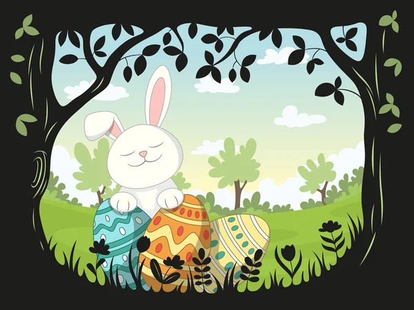 Feliz tarjeta de felicitación de Pascua. Fondo con conejo y huevos . — Vector de stock