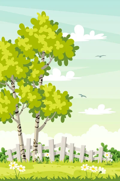 Paisaje primaveral con árboles y valla — Vector de stock