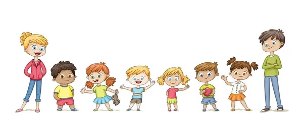 Lindos niños parados en fila y saludando. Characte divertido de dibujos animados — Archivo Imágenes Vectoriales