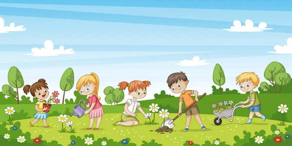 Cute children work in the garden. Funny cartoon character. — Stock Vector
