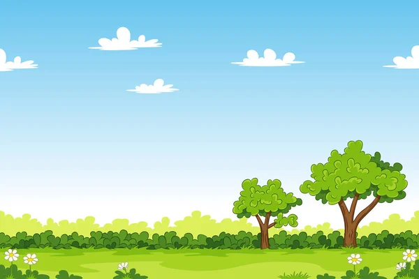 Paisaje de verano de dibujos animados con árboles — Vector de stock