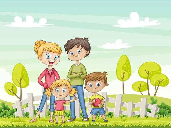 Junge Familie im Garten. lustige Zeichentrickfigur. — Stockvektor