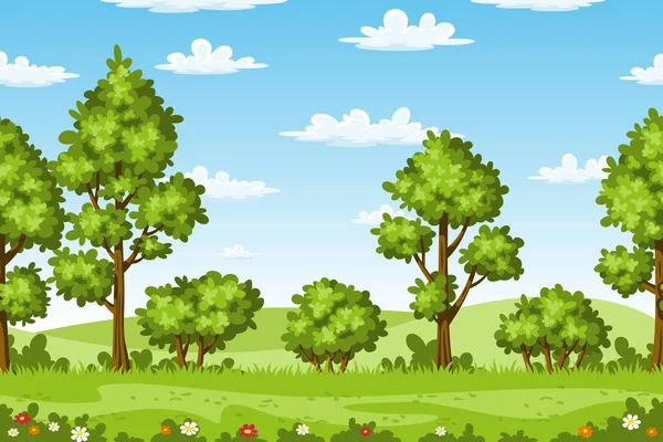Румяный летний пейзаж с деревьями и цветами — стоковый вектор