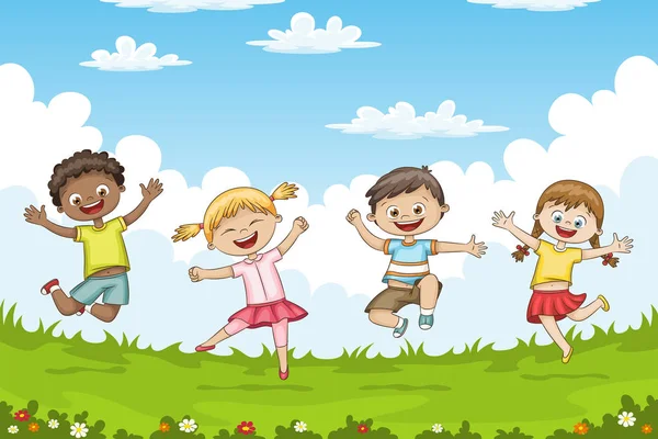 Niños saltando en un prado . — Vector de stock