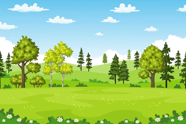 Paisaje de verano con árboles y flores — Vector de stock