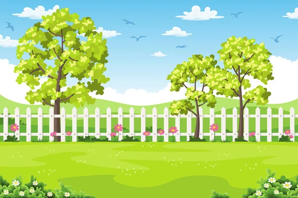 Paesaggio estivo con alberi, fiori e recinzione — Vettoriale Stock