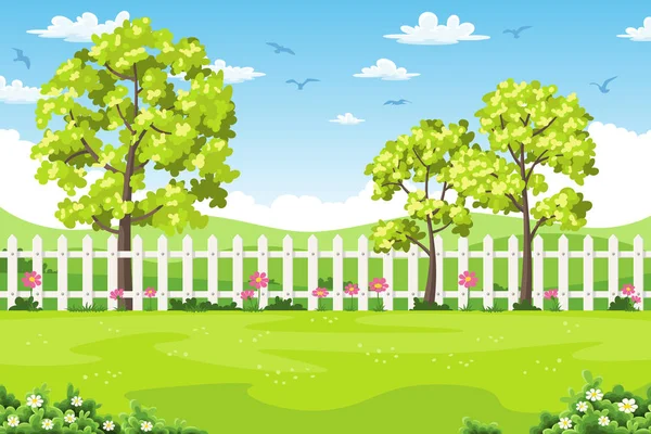 Paisaje de verano con árboles, flores y valla — Vector de stock