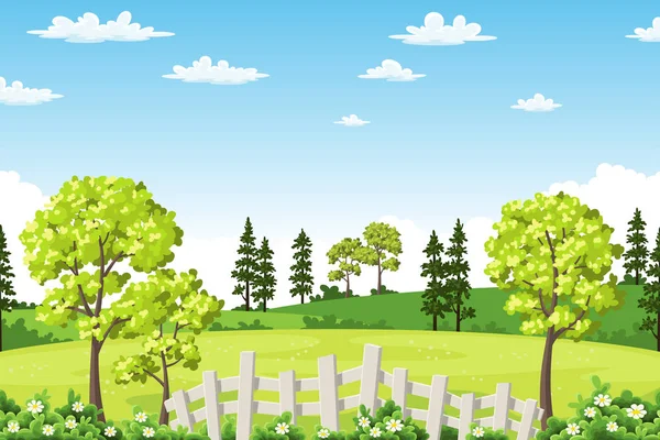 Paisaje de verano con árboles, flores y valla — Vector de stock