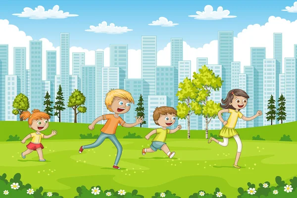 Algumas crianças estão correndo por um parque — Vetor de Stock