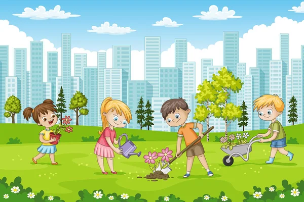 Children are planting flowers in a park — Stock Vector
