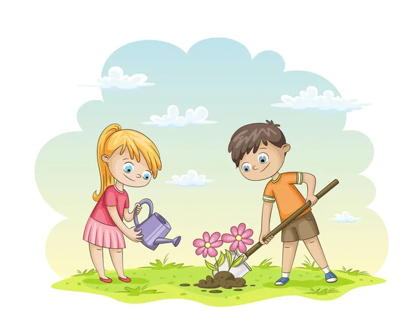 Dos niños están plantando flores — Vector de stock