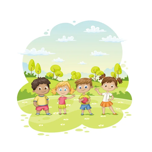 Group of children ist standing in a meadow — Stock Vector