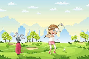 Kız golf golf sahasında oynuyor.