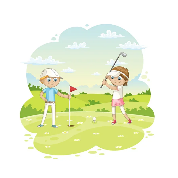 Children plays golf on a golf course — Stock Vector