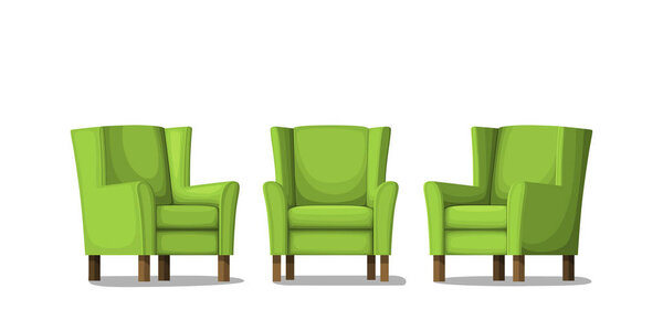 Three green armchairs. Isolated on white background.