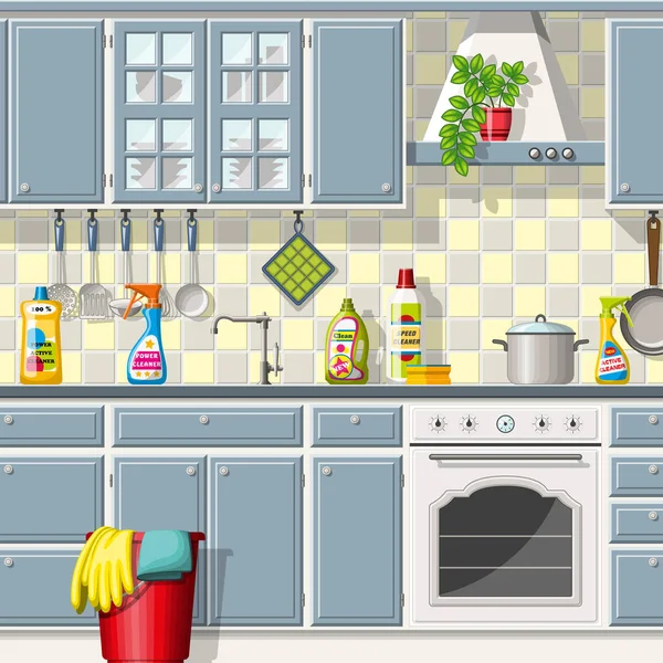 Cocina con diferentes productos de limpieza — Vector de stock