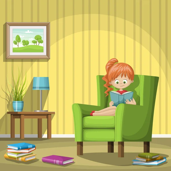 Chica leyendo libros en sala de estar — Archivo Imágenes Vectoriales